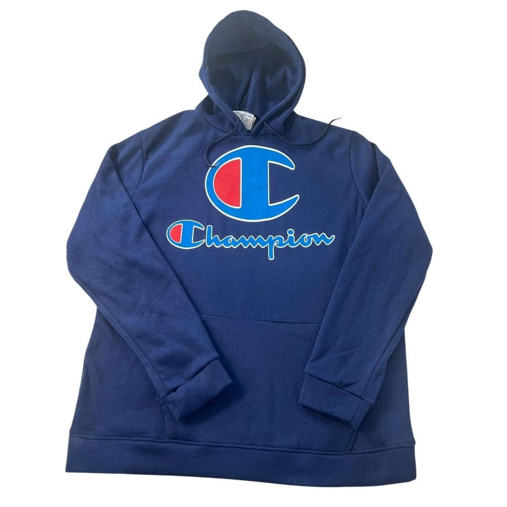Champion Hoodie Mens 2XL Blue Big Logo Pullover Hooded Sweatshirt Athletic Wear
